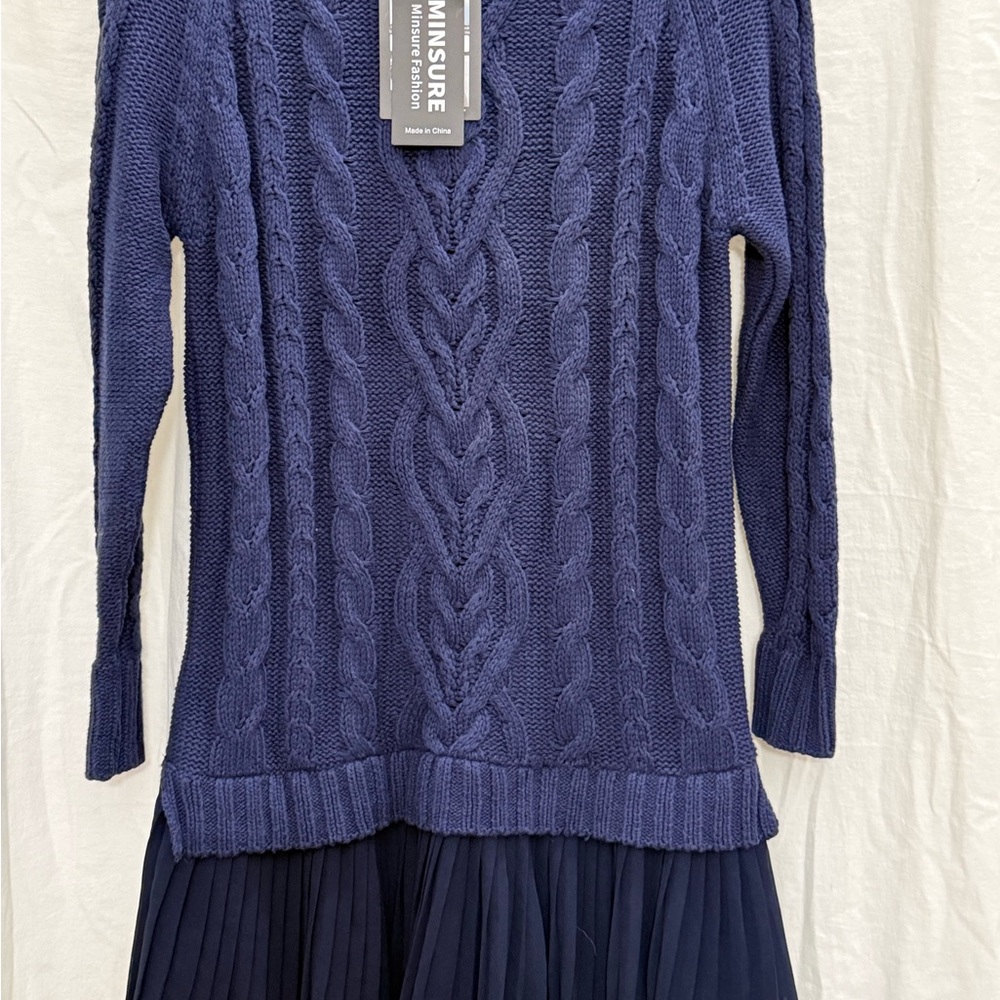 NWT Navy Cable Knit Sweater Dress Pleated Chiffon Hem Prep School Dark Academia